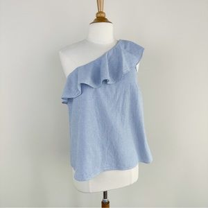 Ann Taylor Factory One shoulder Ruffle Blouse Top Blue White Striped
